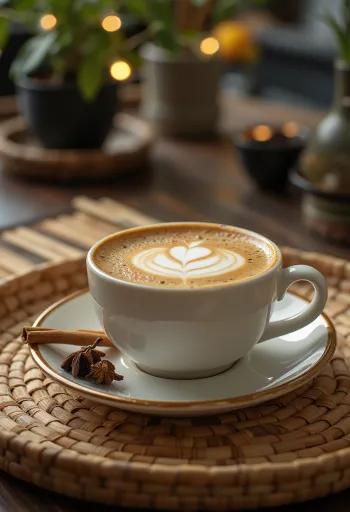 Cinnamon-clove latte coffee drink garnished with cinnamon stick and whipped cream