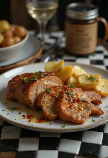 Garlic pork neck roasted crispy, served with fresh herbs