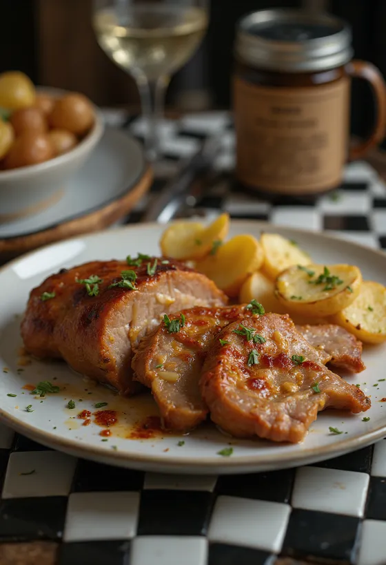 Garlic pork neck roasted crispy, served with fresh herbs