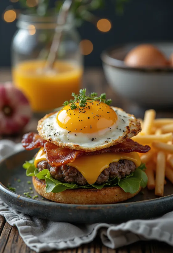 Breakfast hamburger with bacon and egg