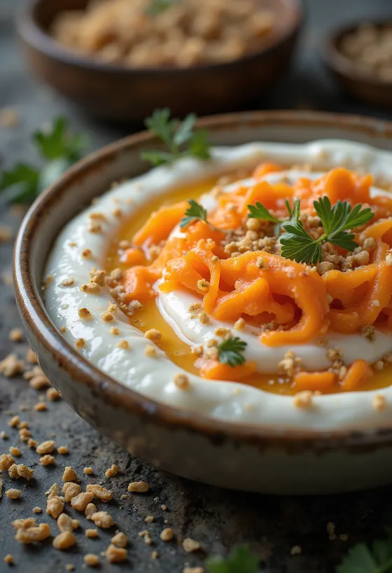 Fresh carrot raita served, garnished with yoghurt and mint.