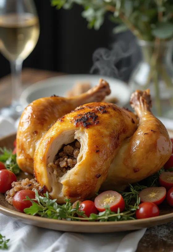 Stuffed chicken served with tasty stuffing and crispy roasted skin