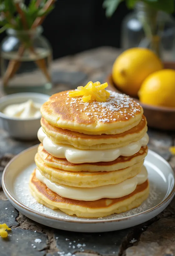 Curd cheese pancake cake served on a plate