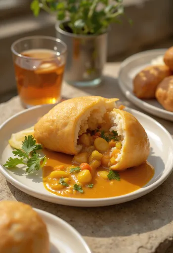 Vetkoek in golden brown spherical form, served with colourful vegetable curry