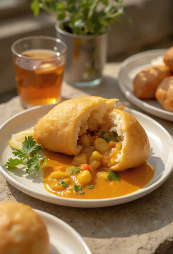 Vetkoek in golden brown spherical form, served with colourful vegetable curry