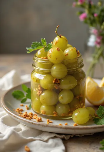 Spicy pickled grapes served in a jar