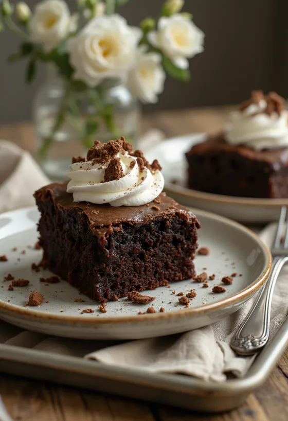 Chocolate brownie cake with whipped cream and chocolate shavings