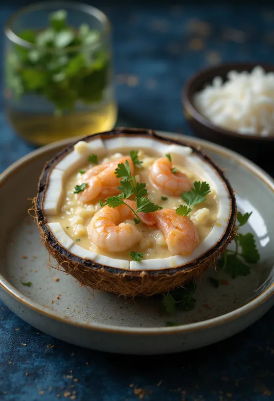 Creamy coconut prawn curry with ginger garnish