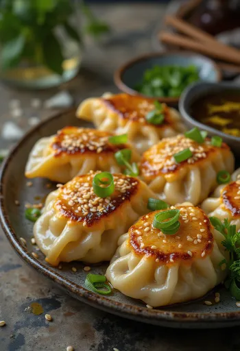 Crispy fried gyoza dumplings served with sesame oil, alongside soy sauce