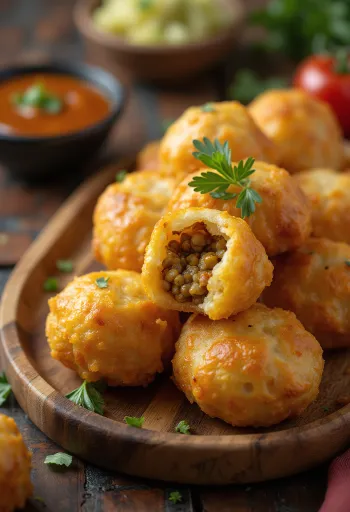 Khasta kachori with mung bean filling, crispy, golden brown bites with spicy filling