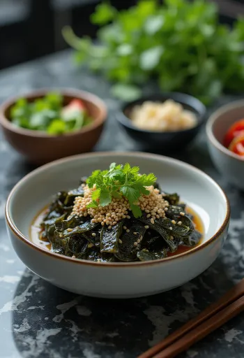 Kombu salad with sesame seeds, fresh vegetables and coriander