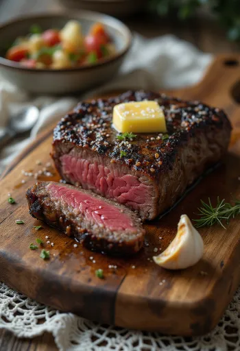 Kudu steak served with lemon wedges and vegetables.