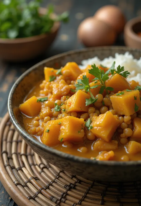 Sweet potato and lentil curry served