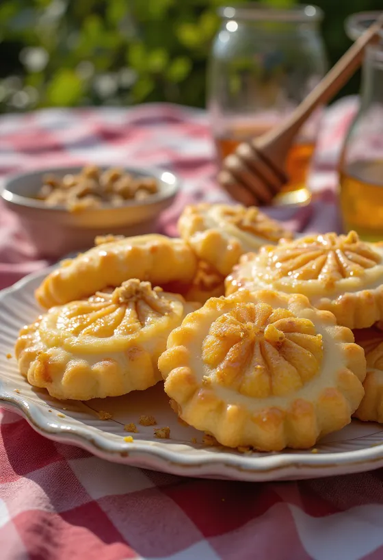 Melomakarona soaked in honey syrup, served sprinkled with ground walnuts