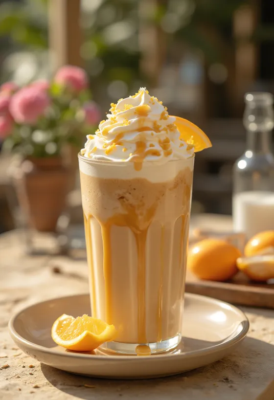 Orange-caramel frappé coffee drink garnished with whipped cream and orange zest