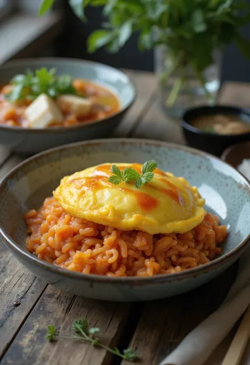 Omurice bowl served with miso soup, omelette and miso soup