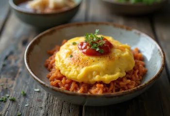 Omurice bowl served with miso soup, omelette and miso soup