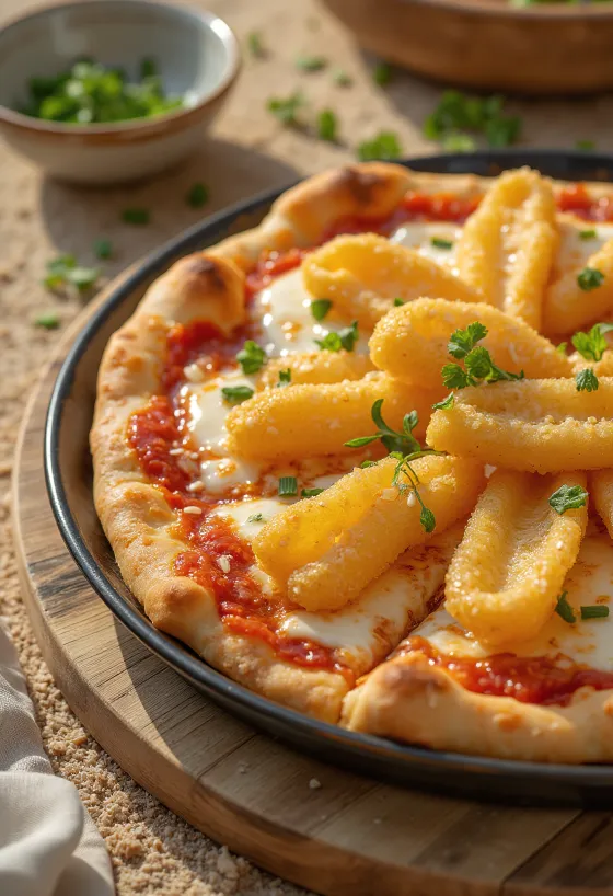 Tempura vegetable Japanese pizza served