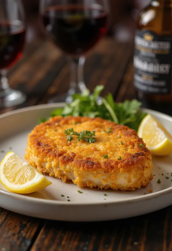 Breaded pork chops served with golden brown coating