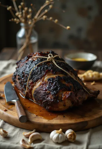 Spit-roasted wild boar with herbs and roasted vegetables