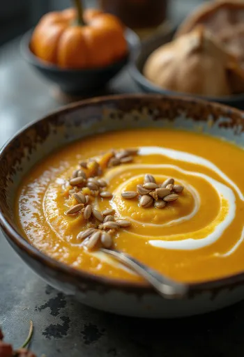 Butternut squash soup with soft silky texture, garnished with roasted pumpkin seeds