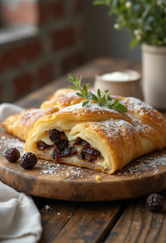 Curd cheese strudel with sultanas served sprinkled with icing sugar