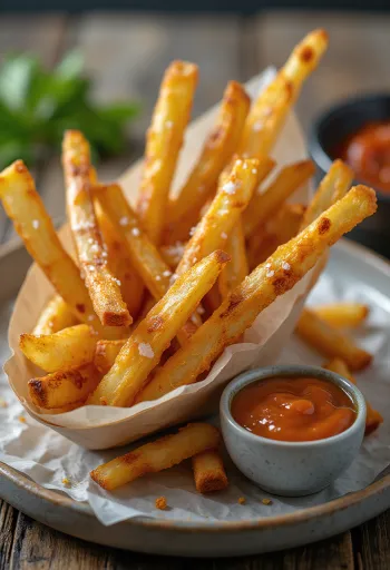 Roast celeriac chips baked golden brown, sprinkled with fresh parsley.