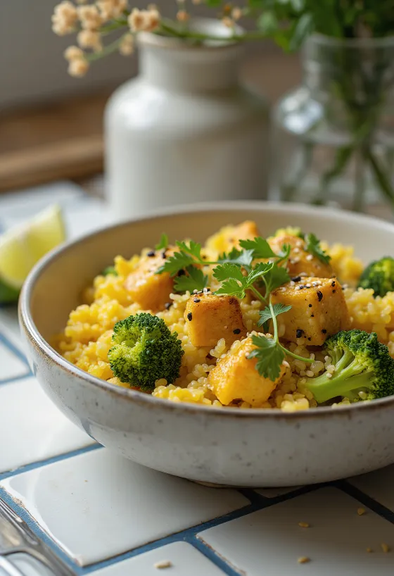 Broccoli curry quinoa with tofu