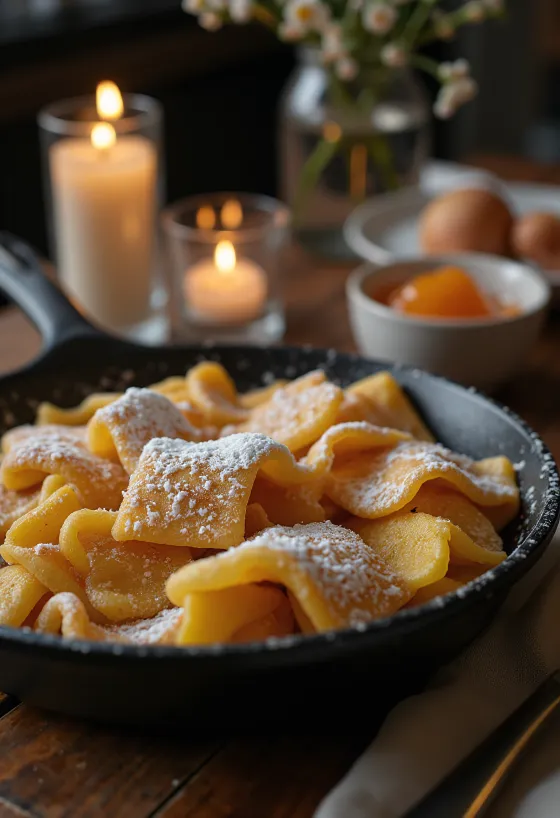 Classic Kaiserschmarrn baked golden brown, dusted with icing sugar and served with jam.