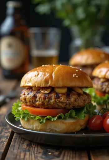 Grilled lentil burgers with minced meat, served with fresh vegetables and sauces