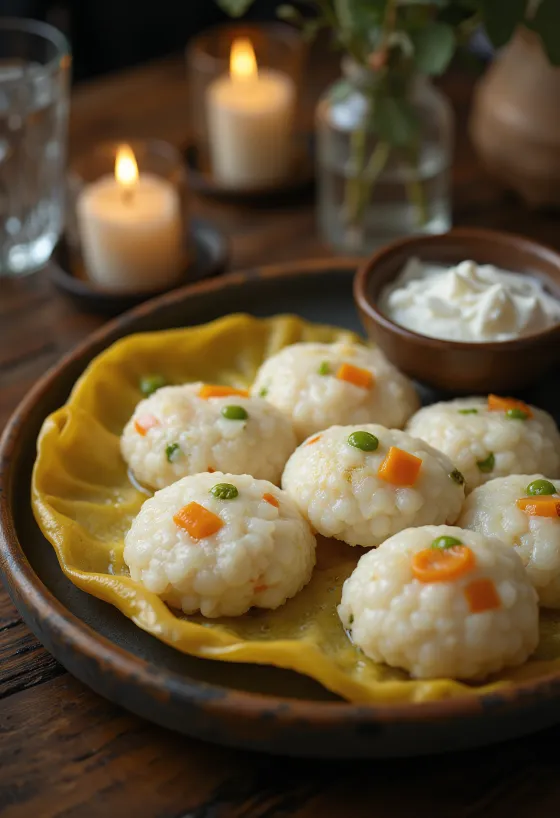 Fresh steaming vegetable idli served with fresh coriander