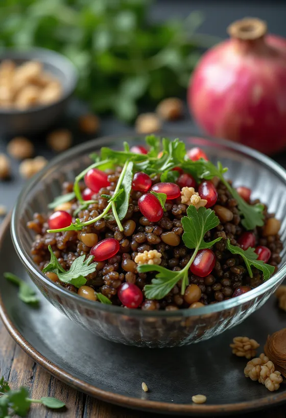 Lentil salad with pomegranate served