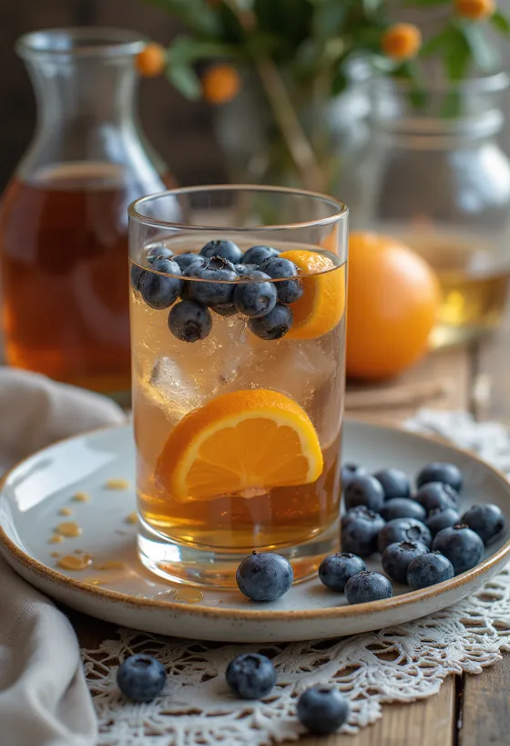 Honey-blueberry cider fruit drink garnished with orange slice and blueberries