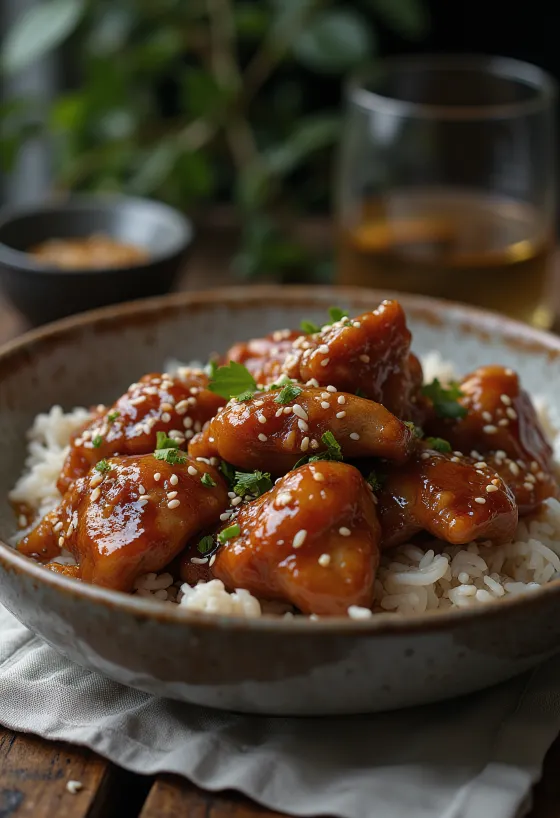 Honey chicken fried golden brown, sprinkled with sesame seeds and fresh herbs