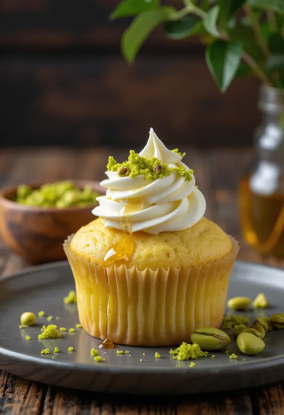 Honey pistachio cupcake served