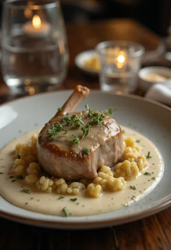 Osso buco served with garlic sauce, tender veal shank in light, creamy sauce