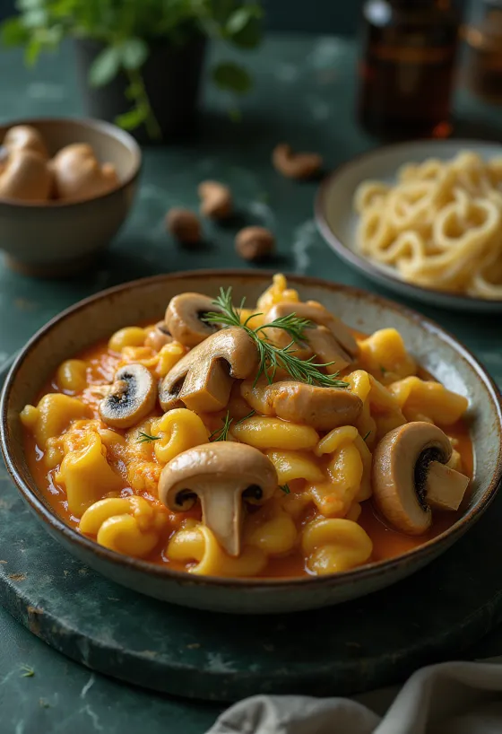 Creamy mushroom paprikash served with fresh parsley and dumplings