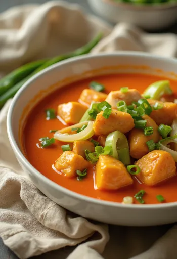 Thai red curry chicken served with rice and vegetables