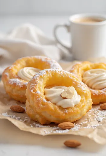 Zeppole with almond cream, dusted with icing sugar, filled with cream inside