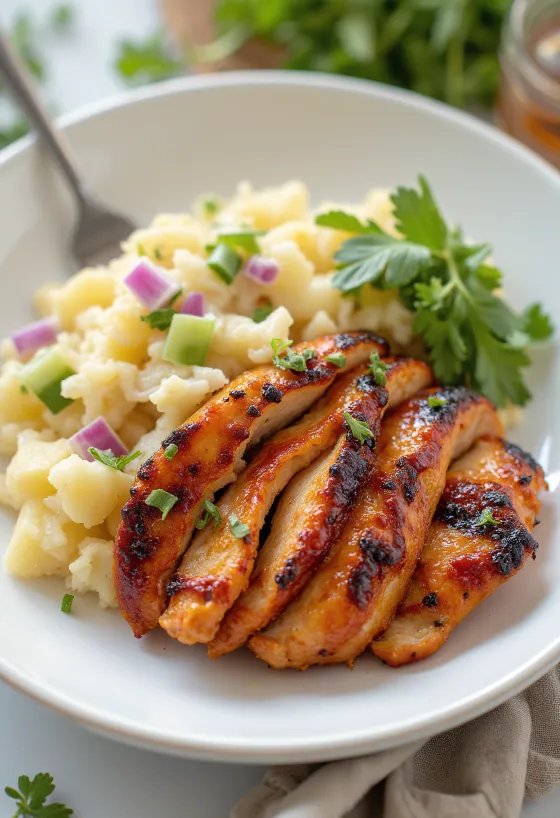 BBQ chicken breast served with potato salad