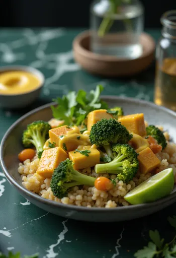 Broccoli quinoa Buddha bowl served with curry tahini tofu