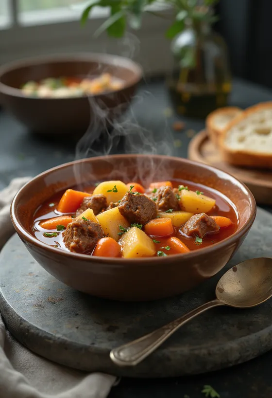 Traditional goulash soup with rich meat pieces and vegetables, seasoned with red paprika