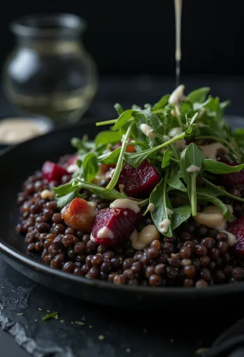 Lentil salad with roasted beetroot served