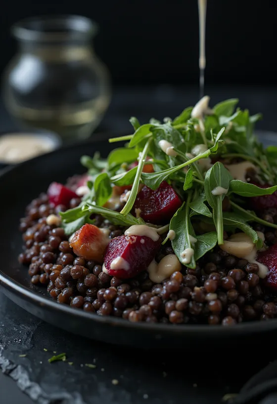 Lentil salad with roasted beetroot served