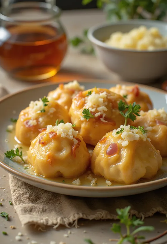 German smoked meat knödel served with brown butter