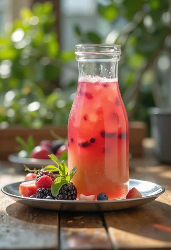 Probiotic fruit-flavoured kombucha served in a bottle with colourful fruit pieces