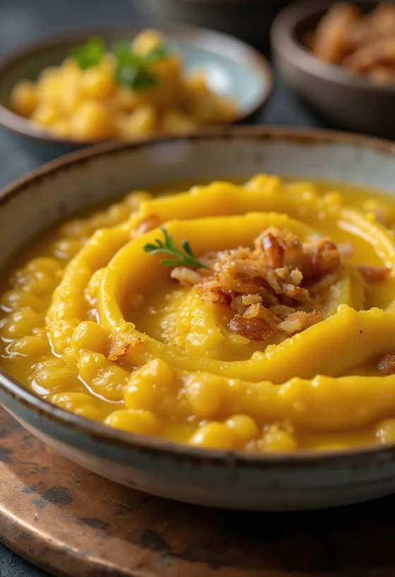 Yellow split pea pottage with fresh parsley and crispy topping