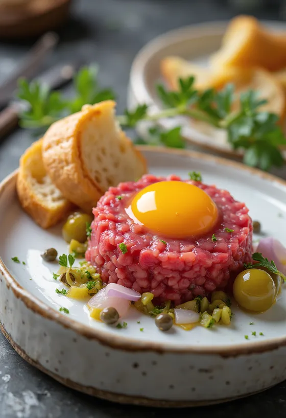 Steak Tartare served with egg yolk and toast