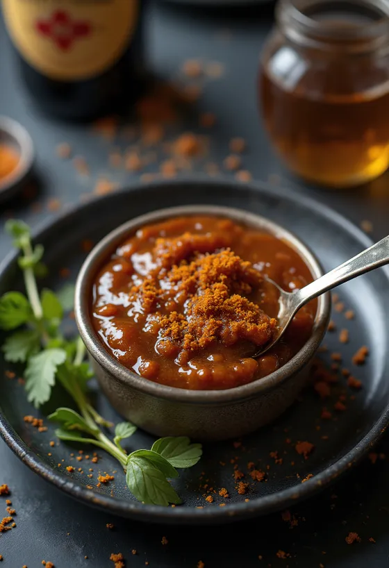 Sticky stout & honey BBQ marinade served