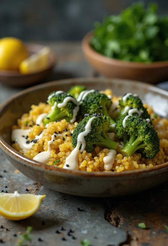 Broccoli quinoa curry Buddha bowl served with lime tahini